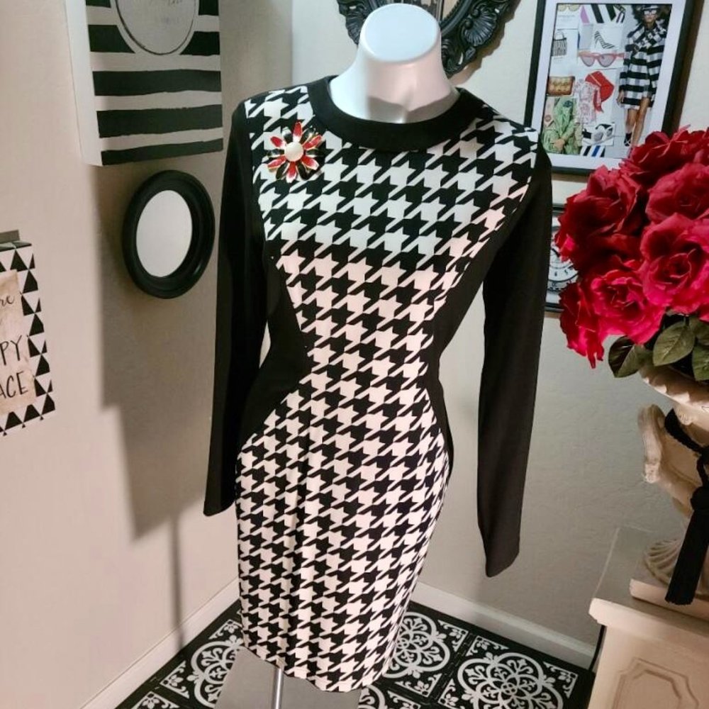 Long Sleeve Hounds tooth Print Dress